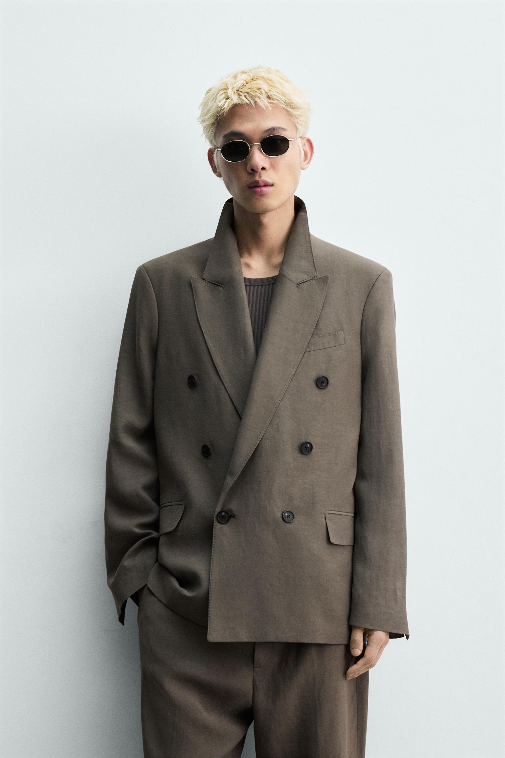 DOUBLE-BREASTED VISCOSE - LINEN SUIT BLAZER